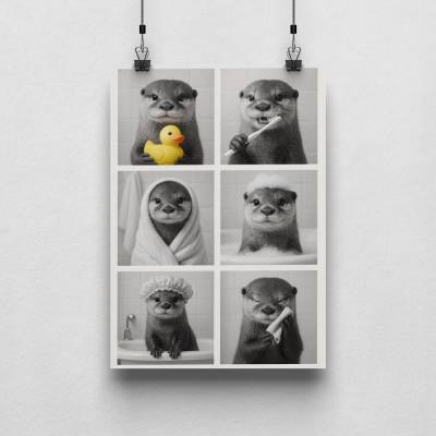 Otter Badezimmer Poster – Lustige Schwarzweiß-Wanddeko mit 6 Motiven für Gäste-WC & Bad