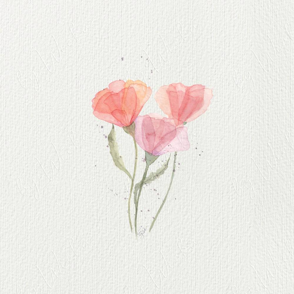 Miniaturen Mini-Aquarell ROTE BLUMEN transparent, Geschenkidee Kunstdruck Minibild Sommerblumen im minimalistischen Stil