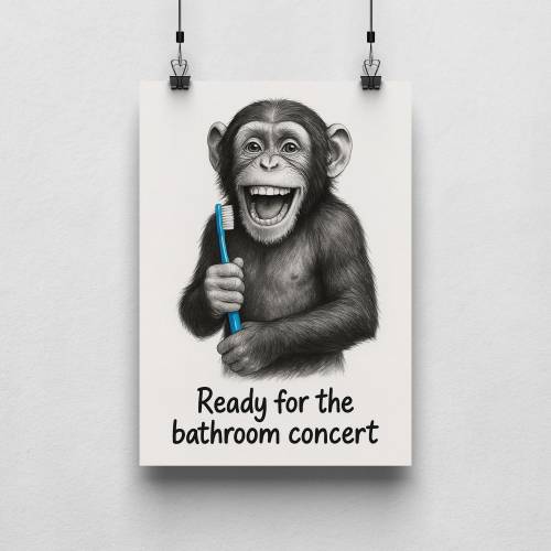 Lustiges Affenposter fürs Badezimmer – Humorvolle Tierkunst – Affe mit Zahnbürste – Geschenkidee für Morgenmuffel