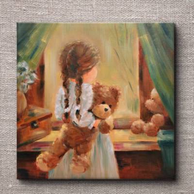 Mädchen mit Teddybär Ölbild 40x40 cm Wandgestaltung Wanddeko