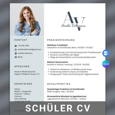 Lebenslauf Schüler Vorlage Tabellarisch, Bewerbung Schüler Minijob - MS Word, Canva