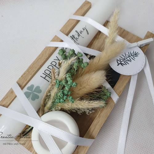 Geschenkset -Happy Birthday- mit Kerze, Kerzenständer und Trockenblumen dekoriert