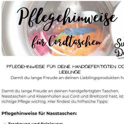 Gratis Pflegeanleitung für handgemachte SuGar Design Cordtaschen als PDF