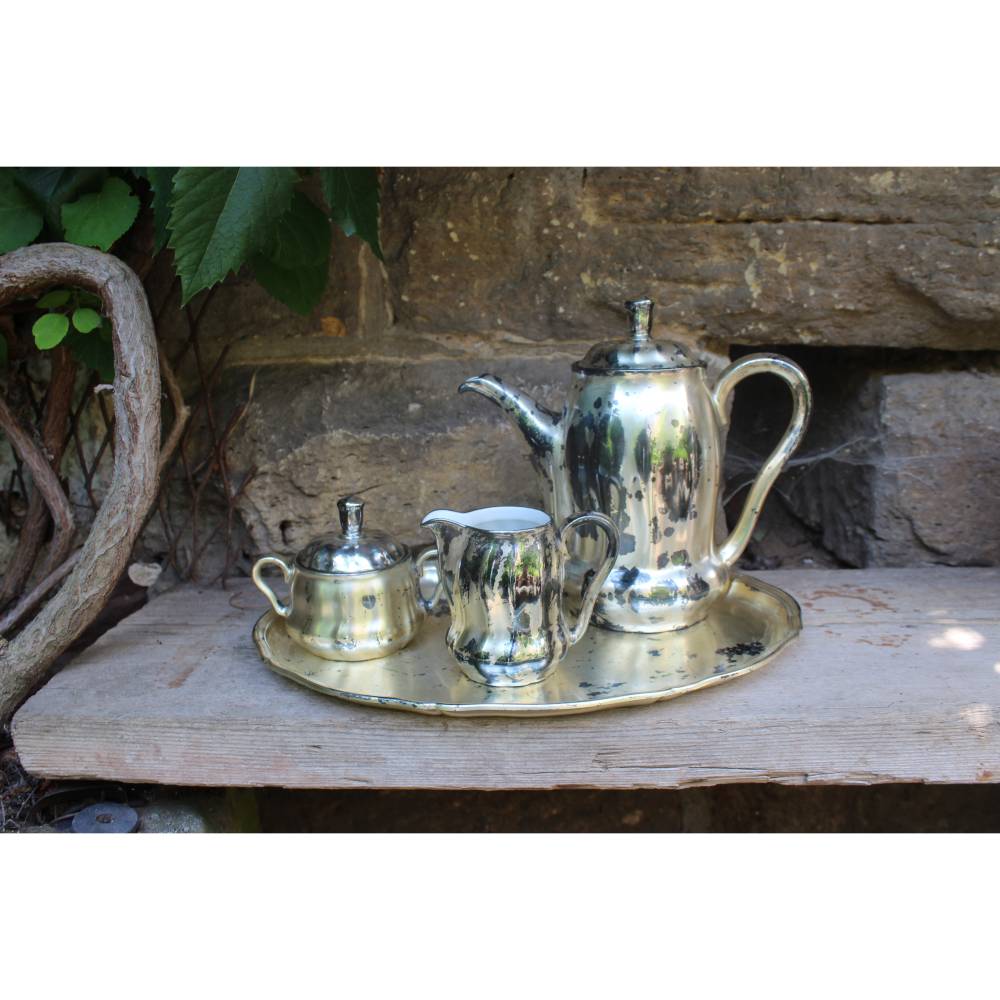 WMF Kaffeekern versilbertes Porzellan auf Tablett um 1920