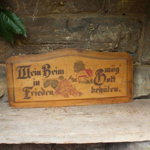 antiker Haussegen Spruchbild Brandmalerei / Mein Heim in Frieden mög Gott behüten / Jugendstil um 1900