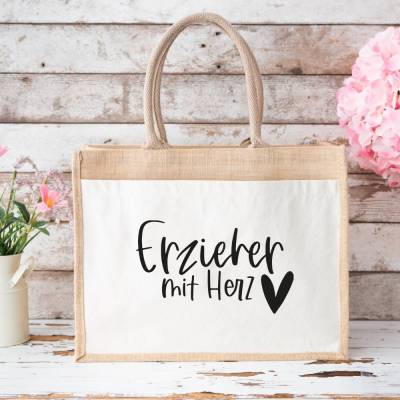 Jute-Tasche „Erzieher mit Herz“ – Geschenk zum Abschied aus der Kita oder dem Kindergarten