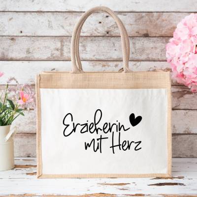 Jute-Tasche „Erzieherin mit Herz“ – Geschenk zum Abschied aus der Kita oder dem Kindergarten