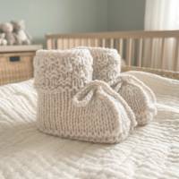 Babyschuhe gestrickt aus Alpaka Wolle – Handgemachte Strickschuhe naturfarben, Geschenk zur Geburt, 3-6 Monate
