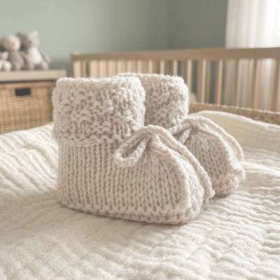 Babyschuhe gestrickt aus Alpaka Wolle – Handgemachte Strickschuhe naturfarben, Geschenk zur Geburt, 3-6 Monate