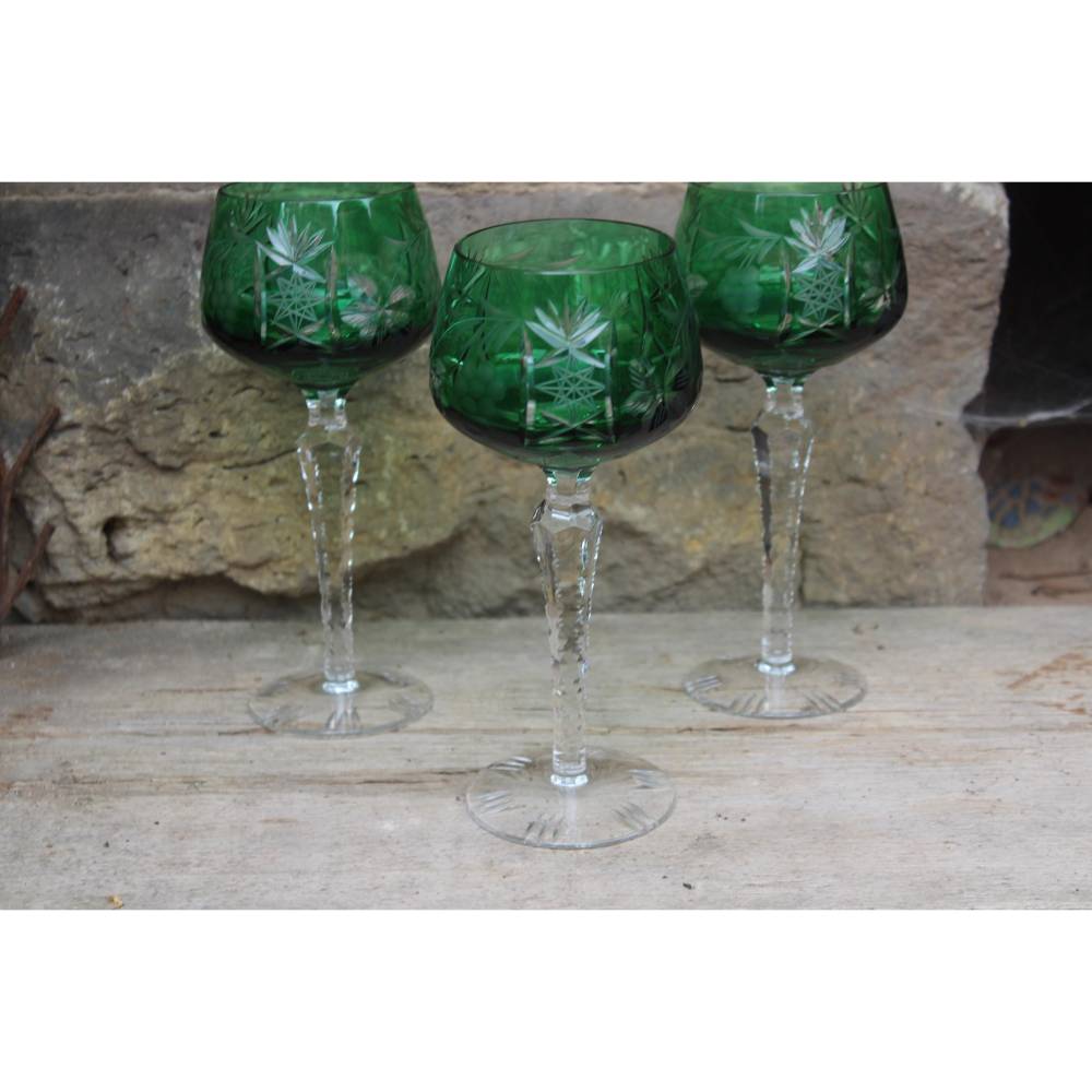 3er Set Weinrömer Weingläser 24% Bleikristall Grün Stern Dekor geschliffen Vintage 50er 60er Jahre Lausitz Glas