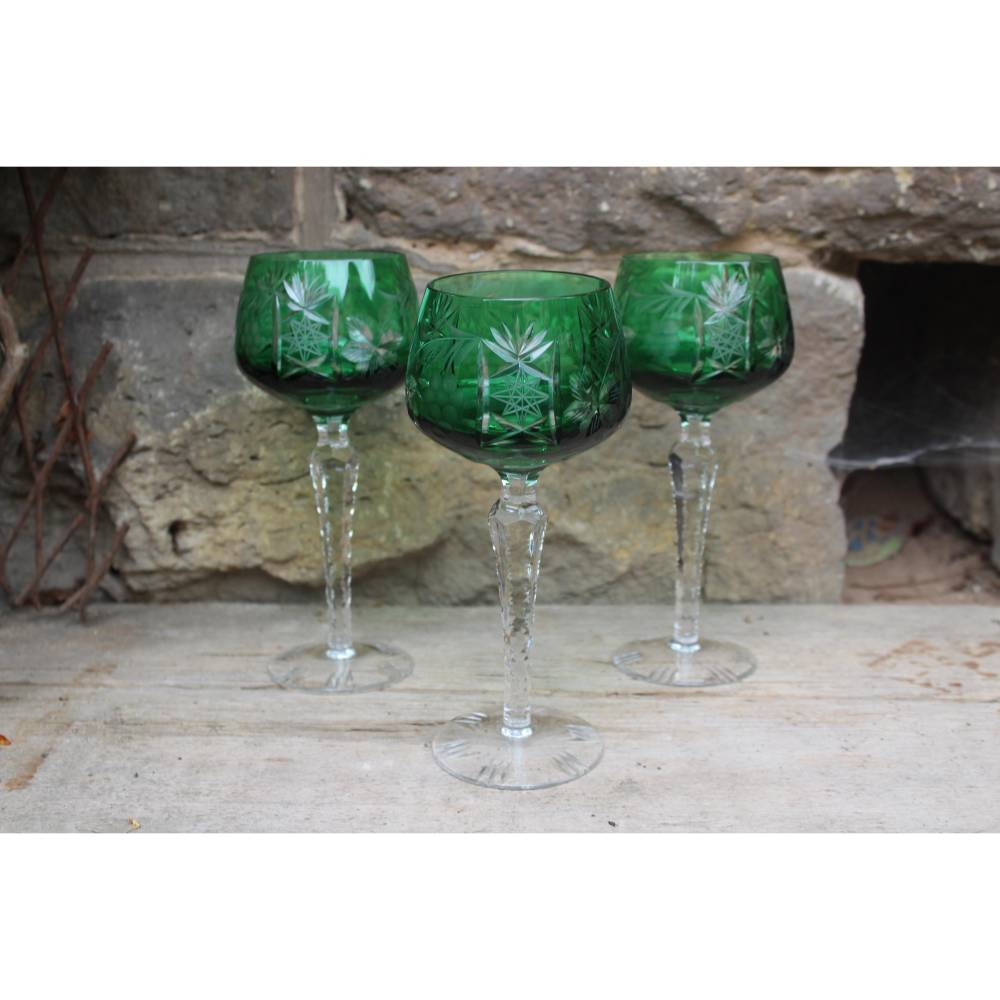 3er Set Weinrömer Weingläser 24% Bleikristall Grün Stern Dekor geschliffen Vintage 50er 60er Jahre Lausitz Glas