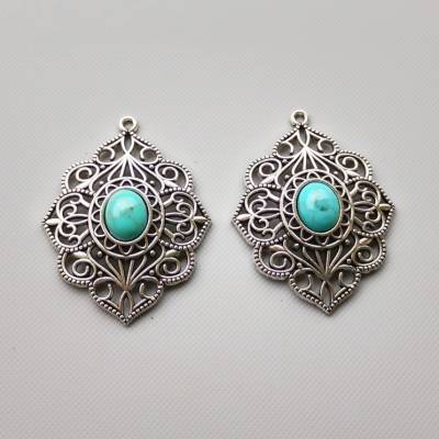 1 oder 2 filigrane Anhänger Marquise Form mit Türkis Stein ( künstl.) Antiksilber