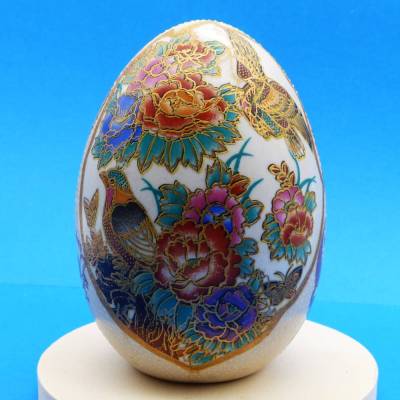 Cloisonne Ei, creme gold bunt, Vögel, Blumen, 14, 5 cm hoch, Umfang 32 cm, Osterdeko floral, Vintage