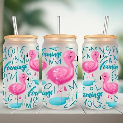 Trinkglas, Glas mit Bambusdeckel & Glasstrohhalm -400ml Trinkglas -mit verschiedenen Sommer Motiven -Geschenkidee
