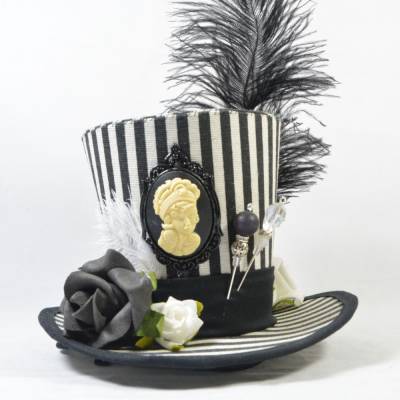 Mini-Hütchen - Gothic Fascinator Kamee Federn Rosen Streifen