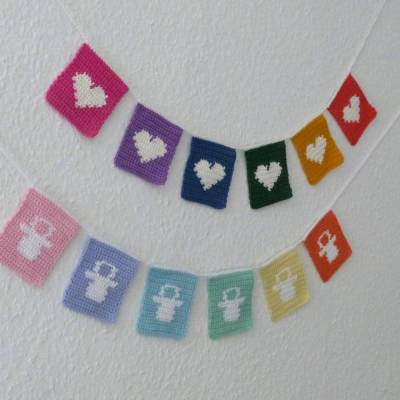 Häkelanleitung Fähnchengirlande mit eingehäkelten Motiven, pdf-Datei