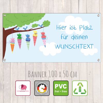 Banner Kindergarten 100 x 50 cm  | Zuckertütenbaum - mit Wunschtext personalisierbar - Kindergartenabschluss