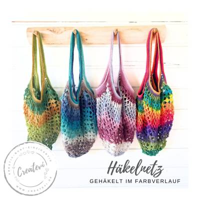 Gehäkeltes Einkaufsnetz bunt aus 100 % Polyacryl, wiederverwendbare Netztasche für Markt, Alltag, Strand und Einkauf