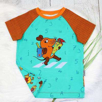 T-Shirt | Die Maus Endlich Schule | Die Sendung mit der Maus | Sommershirt | Raglanshirt | kurzarm | mint | orange