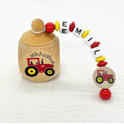 Personalisierte Milchzahndose aus Holz mit Traktor – Zahndose für Milchzähne mit Namen – liebevolles Geschenk für Kinder