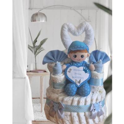Personalisierte blaue Windeltorte für Jungen mit Herz, Babysöckchen & Püppchen – Geschenk zur Geburt