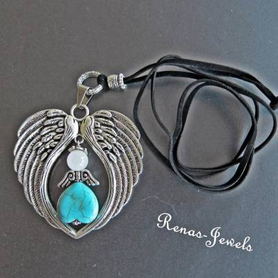Lange Edelsteinkette mit Schutzengel Anhänger aus Türkis Herz & Jade, Engelflügel, verstellbar, Geschenk