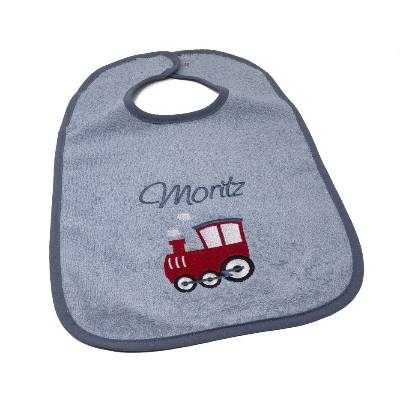 Lätzchen mit Druckknopf Namen und Motiv Zug bestickt, Geschenk zur Geburt, Taufe, Babylätzchen
