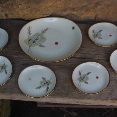 7 tlg. Snackschalen oder Tellerchen Set / organische Form mit Dekor / Winterling Bavaria / Vintage 50er Jahre
