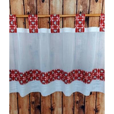 Scheibengardine Fensterbehang Kurzgardine Bistro Scheibenhänger mit Schlaufen - Herzkaro in rot