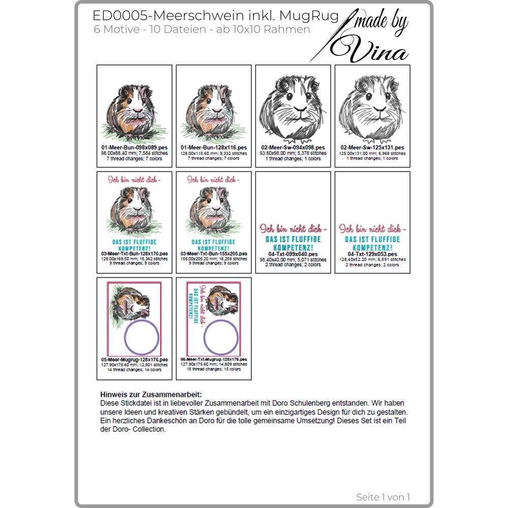 Stickdateien Set Meerschweinchen Scribble Stil inkl. ITH MugRug ab 10x10 cm – Doro-Collection Bild 3