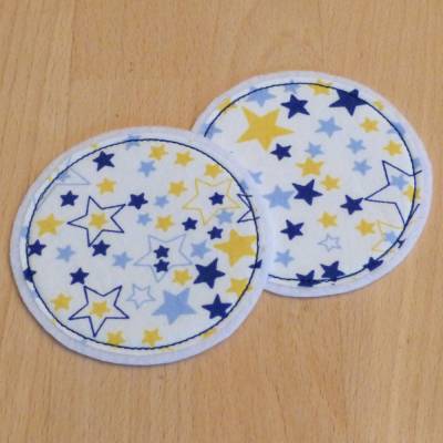 1 Paar Bügelflicken, rund 7,5 cm, mit Sternen blau gelb, Biobaumwolle, Handarbeit