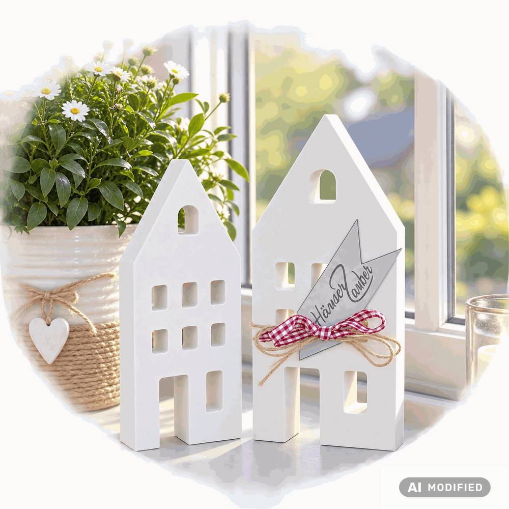 Lichthäuser groß weiß 2er Set – Raysin Hygge Scandi Deko Häuser handgemacht
