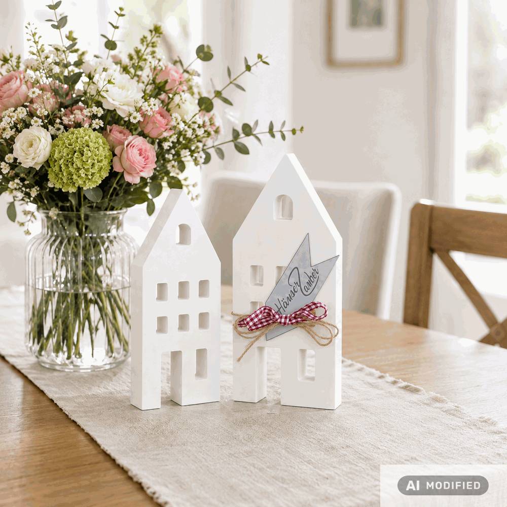 Lichthäuser groß weiß 2er Set – Raysin Hygge Scandi Deko Häuser handgemacht