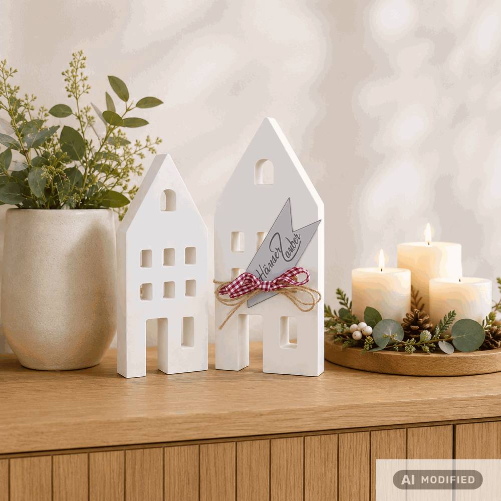 Lichthäuser groß weiß 2er Set – Raysin Hygge Scandi Deko Häuser handgemacht