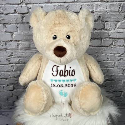 Bär / Teddybär mit Geburtsdaten bestickt I Kuscheltier personalisiert I Geschenkidee Baby Geburt I Stofftier mit Namen