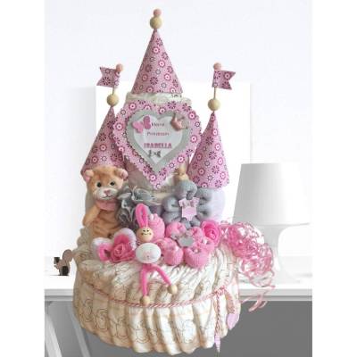 Windeltorte Mädchen Schloss rosa personalisiert mit Namen & Knisterbärchen