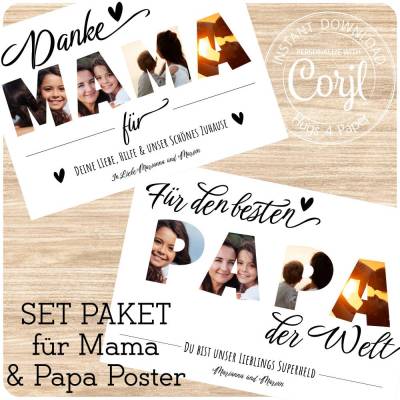 Set Danke Mama & Papa Vatertag & Muttertag Geschenk Foto Poster DIY | personalisiert & individuell
