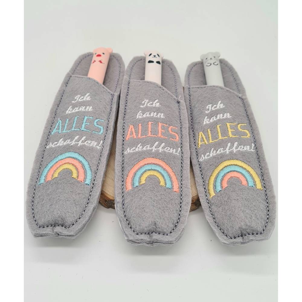 Stickdatei Etui für Kugelschreiber Schulkind – ITH Stickmuster Regenbogen, Affirmation Einschulung Bild 3