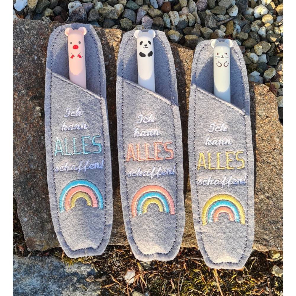 Stickdatei Etui für Kugelschreiber Schulkind – ITH Stickmuster Regenbogen, Affirmation Einschulung Bild 5