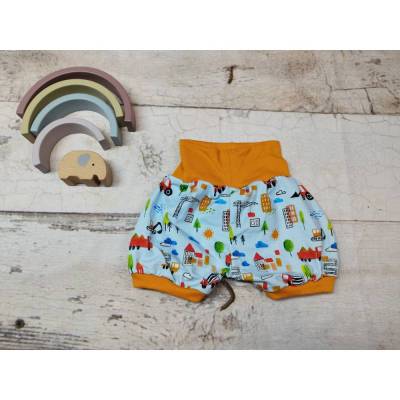 Kurze Pumphose Baustelle hellblau orange – Gr. 74-104, Sommerhose für Kinder