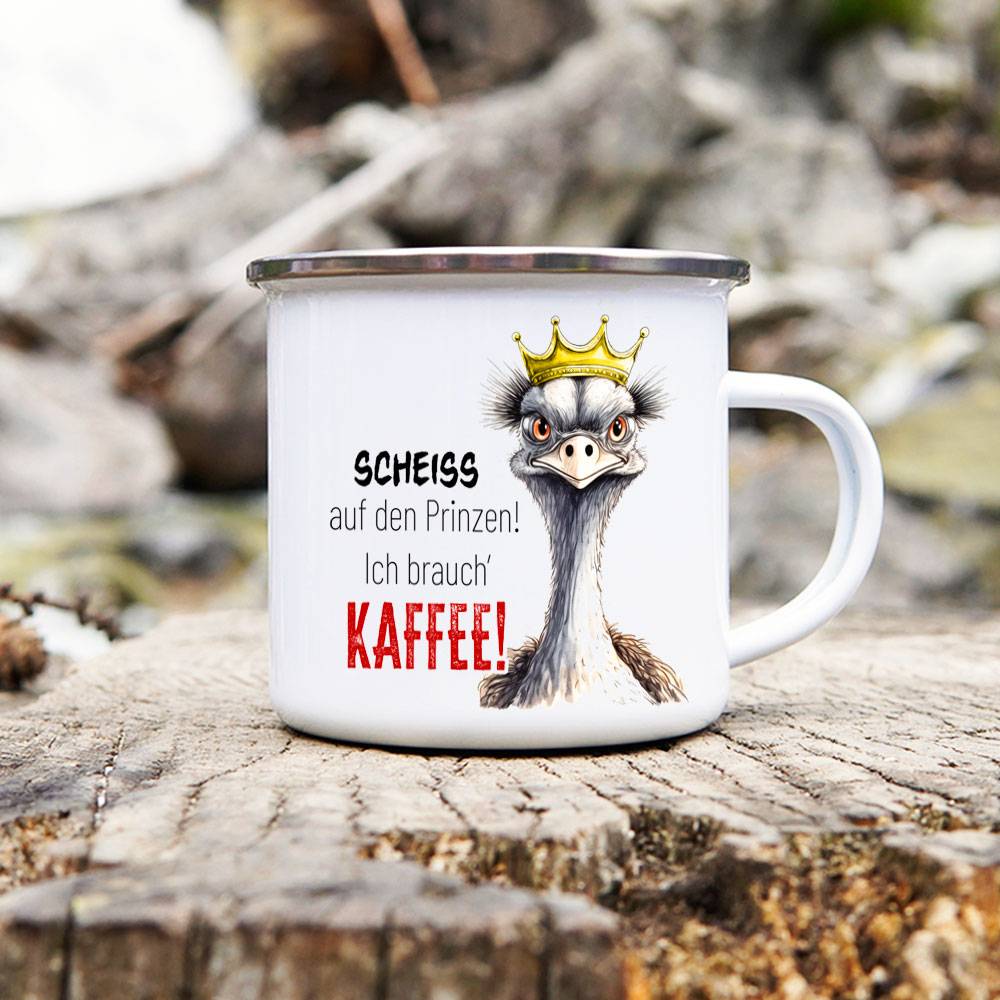 Emaille Tasse 'Ich brauch' Kaffee' mit witzigem Motiv