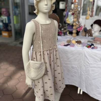 Musselinkleid Mädchen Sommerkleid Gr.122,128,134,140 ärmellos beige wadenlang Einschulung Kommunion Regenbogen