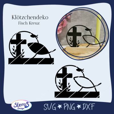 Fisch Kreuz Klötzchendeko • christliche Plotterdatei & Laserdatei • SVG DXF PNG • für Taufe, Kommunion, Konfirmation
