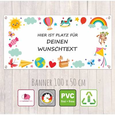 Banner Kinderevent 100 x 50 cm  | Bunte Kindermotive - personalisierbar mit Wunschtext - Kindergarten