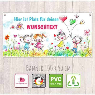 Banner Kinderevent 100 x 50 cm  | Fröhliche Kinder - Luftballon - personalisierbar mit Wunschtext - Kindergarten