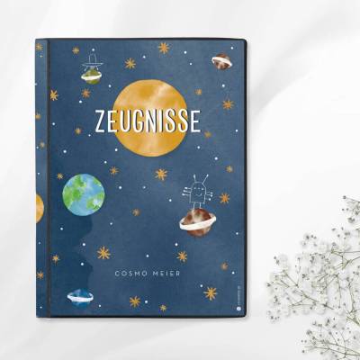 Personalisierte Zeugnismappe "Universum", Geschenk zur Einschulung & Schulstart, A4 Sichtbuch mit Namen