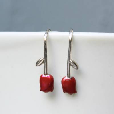 Tulpen Ohrringe silber 925 minimalistisches Geschenk für Sie mit kleiner mini roter Blüte
