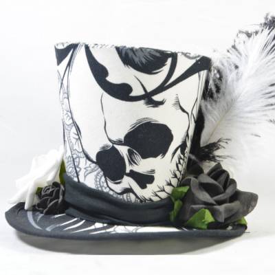 Mini-Hütchen - Gothic Fascinator Hochzeit Totenkopf-Stoff Federn Rosen