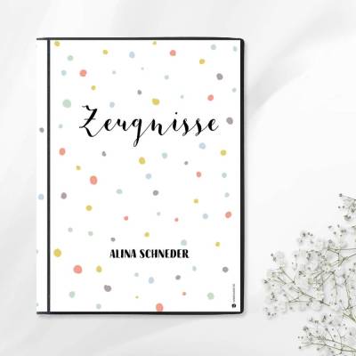 Personalisierte Zeugnismappe "Konfetti", Geschenk zur Einschulung, A4 Sichtbuch mit Namen
