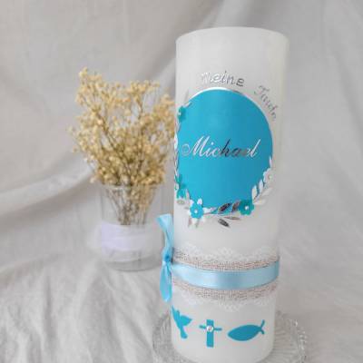 Taufkerzen Kommunionkerzen Konfirmationskerzen Hochzeitskerzen für Jungen hellblau türkis blau Strasssteinen 